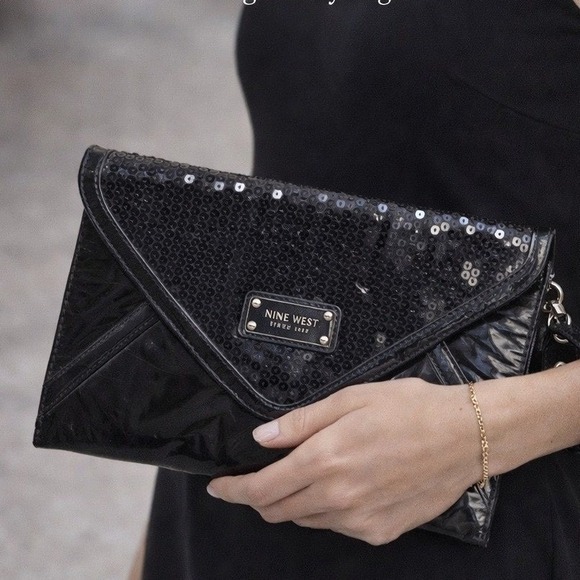 Nine West Handbags - Women's Black Sequin Envelope Clutch Wristlet Patent Evening Party Handbag Purse